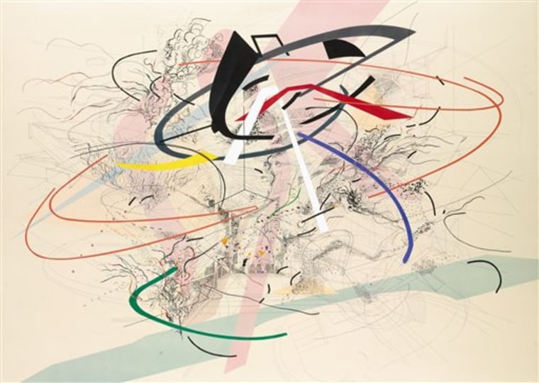 This picture provided by Sotheby's shows an untitled 2001 work by Julie Mehretu, one of more than 400 works from the contemporary art collection of the failed investment bank Lehman Brothers that will go on sale at auction this fall. 